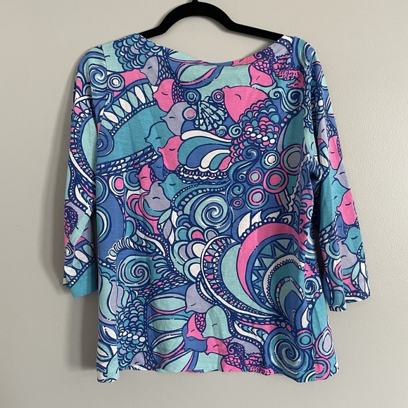 Lilly Pulitzer Women L Alida Boatneck 3/4 Sleeve Top Multi Sea Jewels Blue Pink - Picture 6 of 14